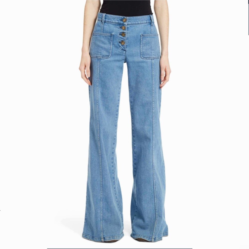 Chloe 6 / F 38 Denim Wide Flare Jeans Bell Bottom Button Fly Patch Pocket - Picture 2 of 15